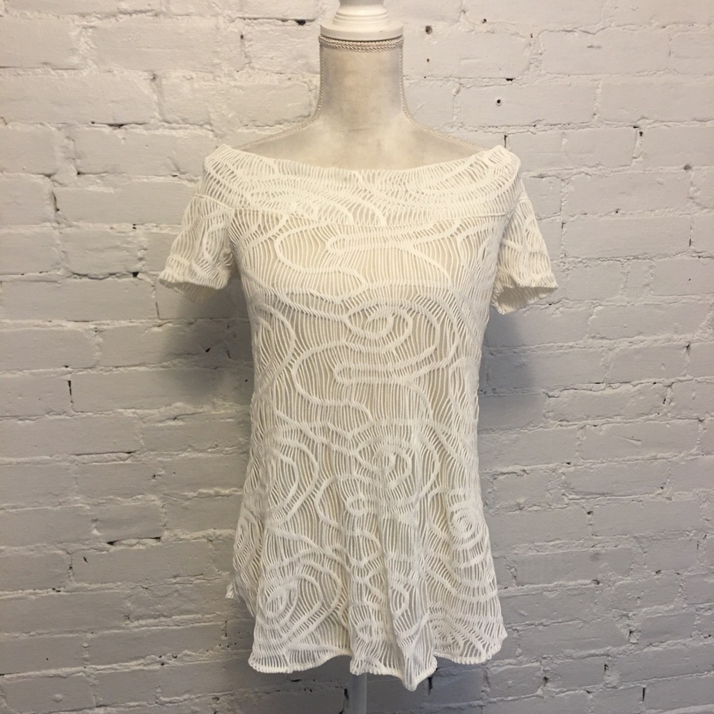 Elana Kattan spiderweb knit off shoulder top white short sleeve large